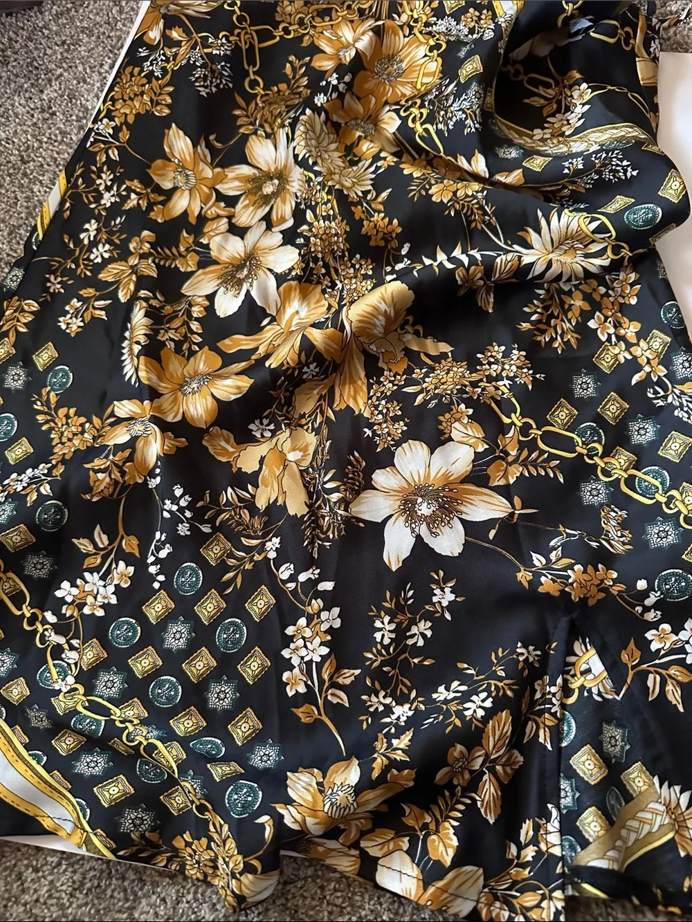 Princess Polly Black Satin Cami with Gold Floral & Chain Print